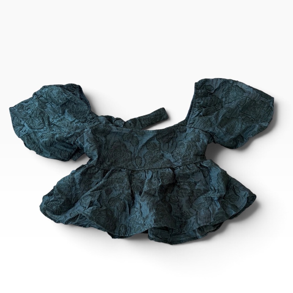 Dee Elly Teal Floral Jacquard Puff Sleeve Peplum Crop Top Tie Back Small